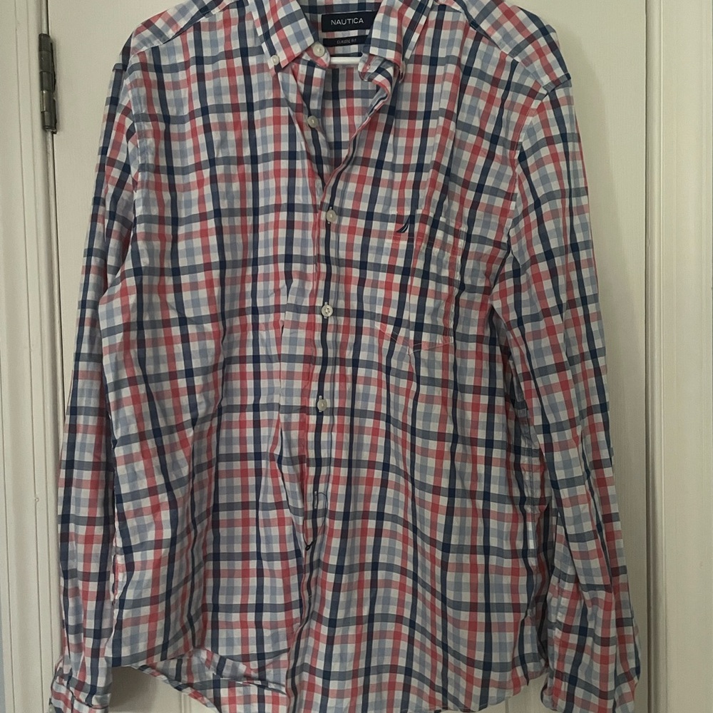 Nautica Red and Blue Casual Button Down Shirt